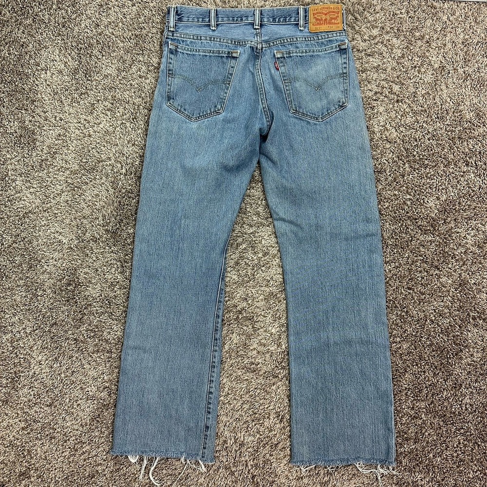Levis 517 Jeans Mens 34x34 Blue Medium Wash Boot Cut Denim Distressed Frayed Hem